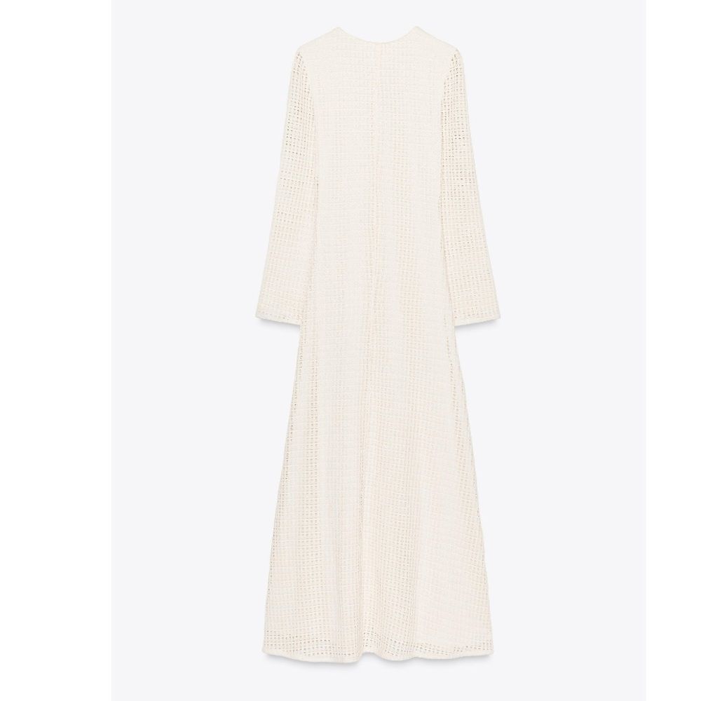 ZARA CROCHET LINED LONG SLEEVE MIDI DRESS ECRU w Gold detail M NWT - Picture 12 of 16